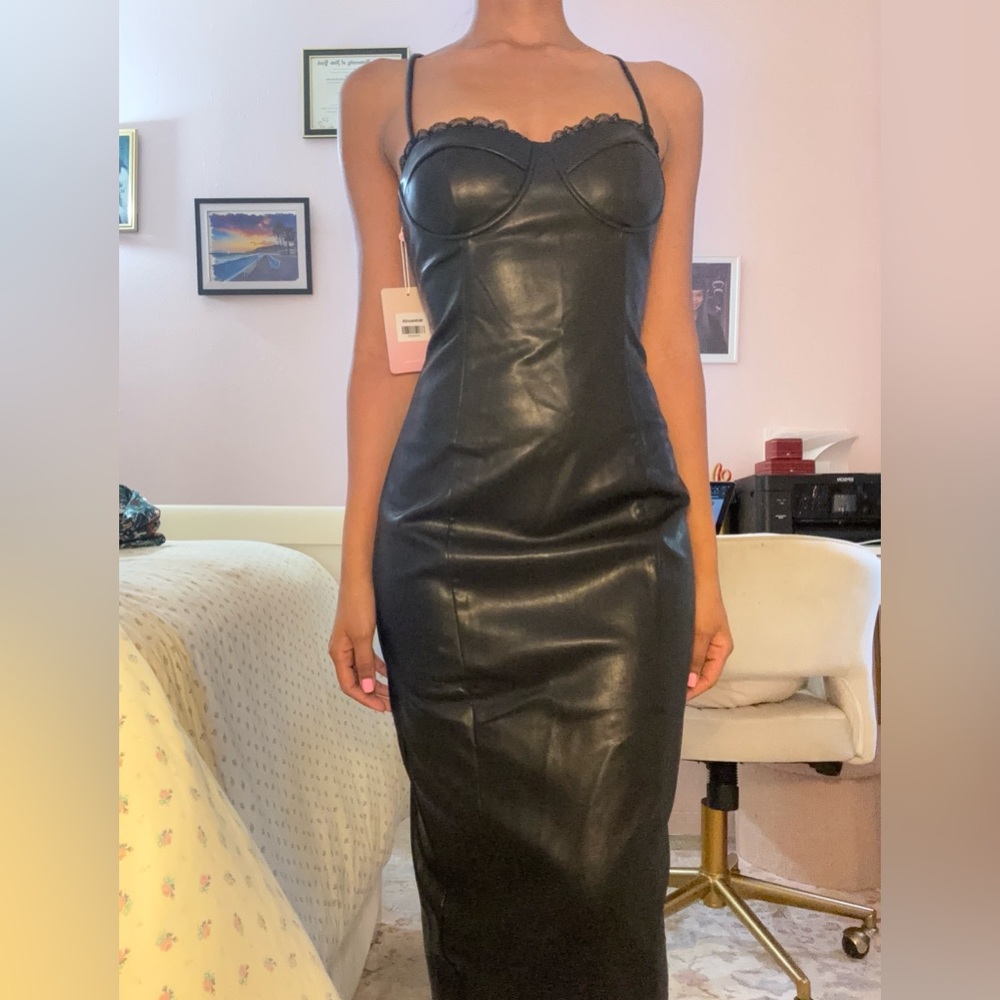 Contemporary Cool Faux Leather Midi Dress Black